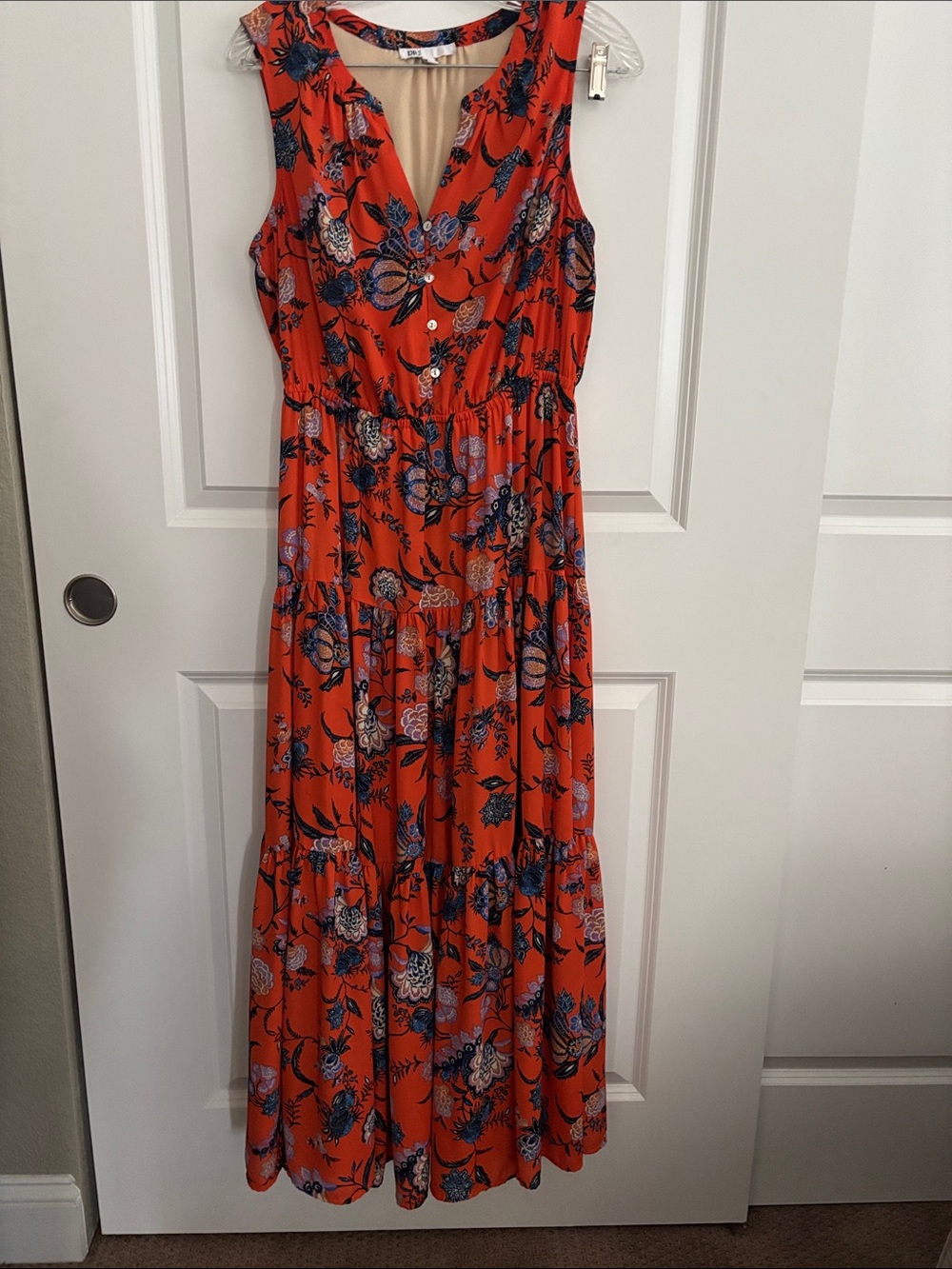 DR2 Sleeveless Floral Maxi Dress in Bright Orange with Blue Accents